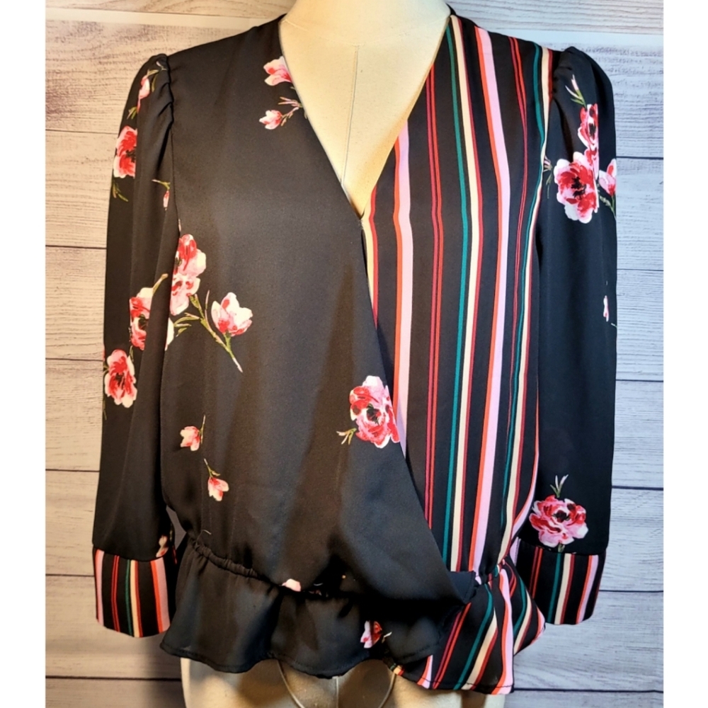 Highline Collection Blouse Womens Floral V-Neck Top Long Sleeve Ruffled Size M